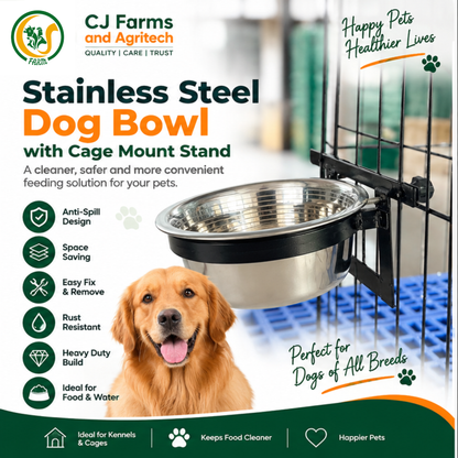 Easy-Fix Dog Bowl with Stand for Cages | 1100ml Stainless Steel Feeding Bowl for Dogs, Cats & Pets | Adjustable Cage-Mount Design cjfarms.in