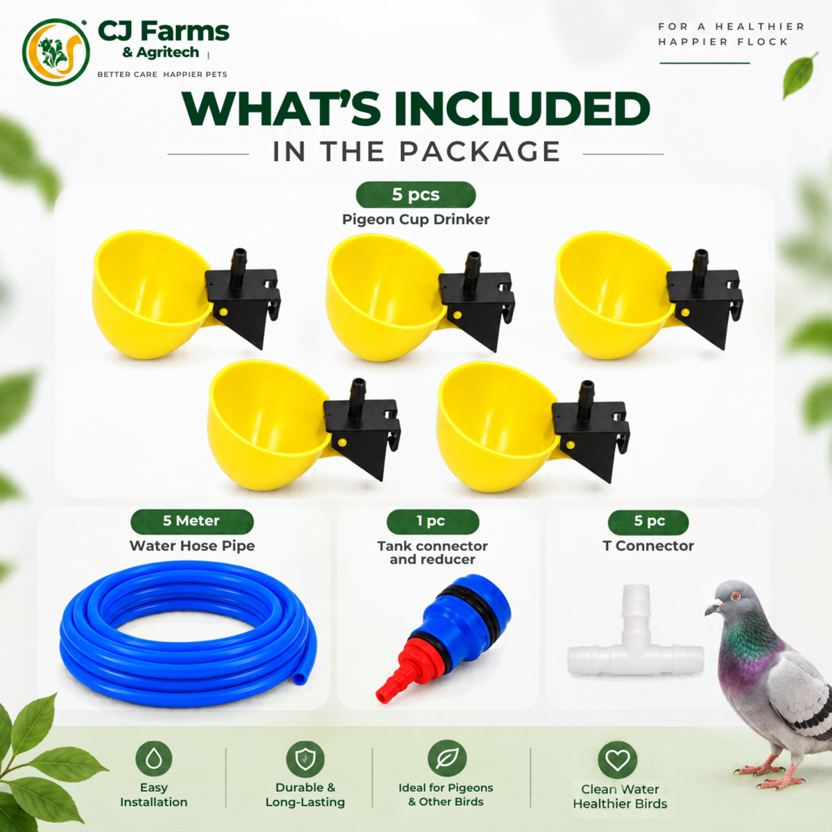 Automatic Bird Water Drinker | Pigeon Watering System with Water Cups, Tube & Tank Connector CJ farms and Agritech