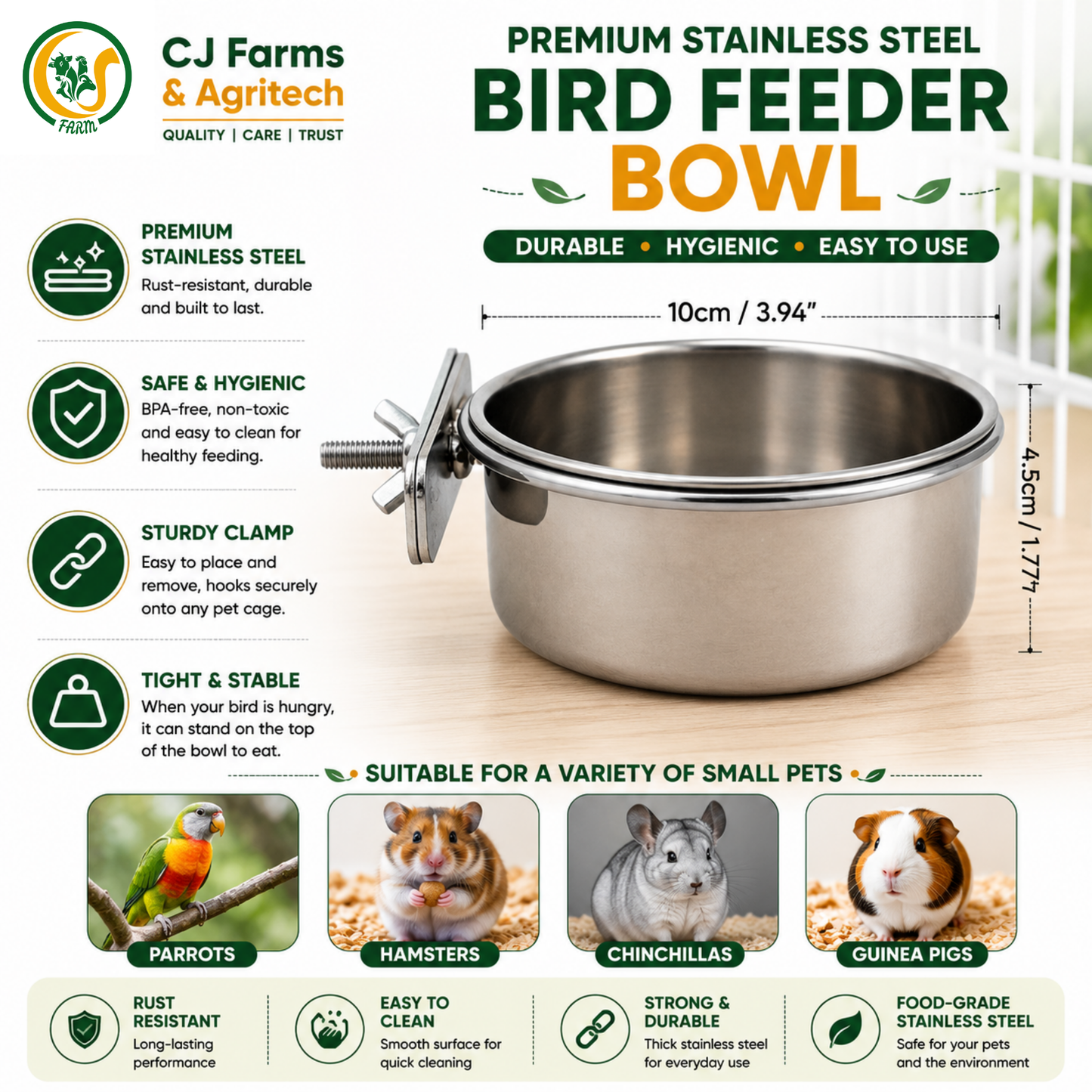 Stainless Steel Bird Feeder Bowl with Cage Clamp | 10cm Hanging Food & Water Bowl for Parrots, Hamsters, Chinchillas & Guinea Pigs CJ farms and Agritech
