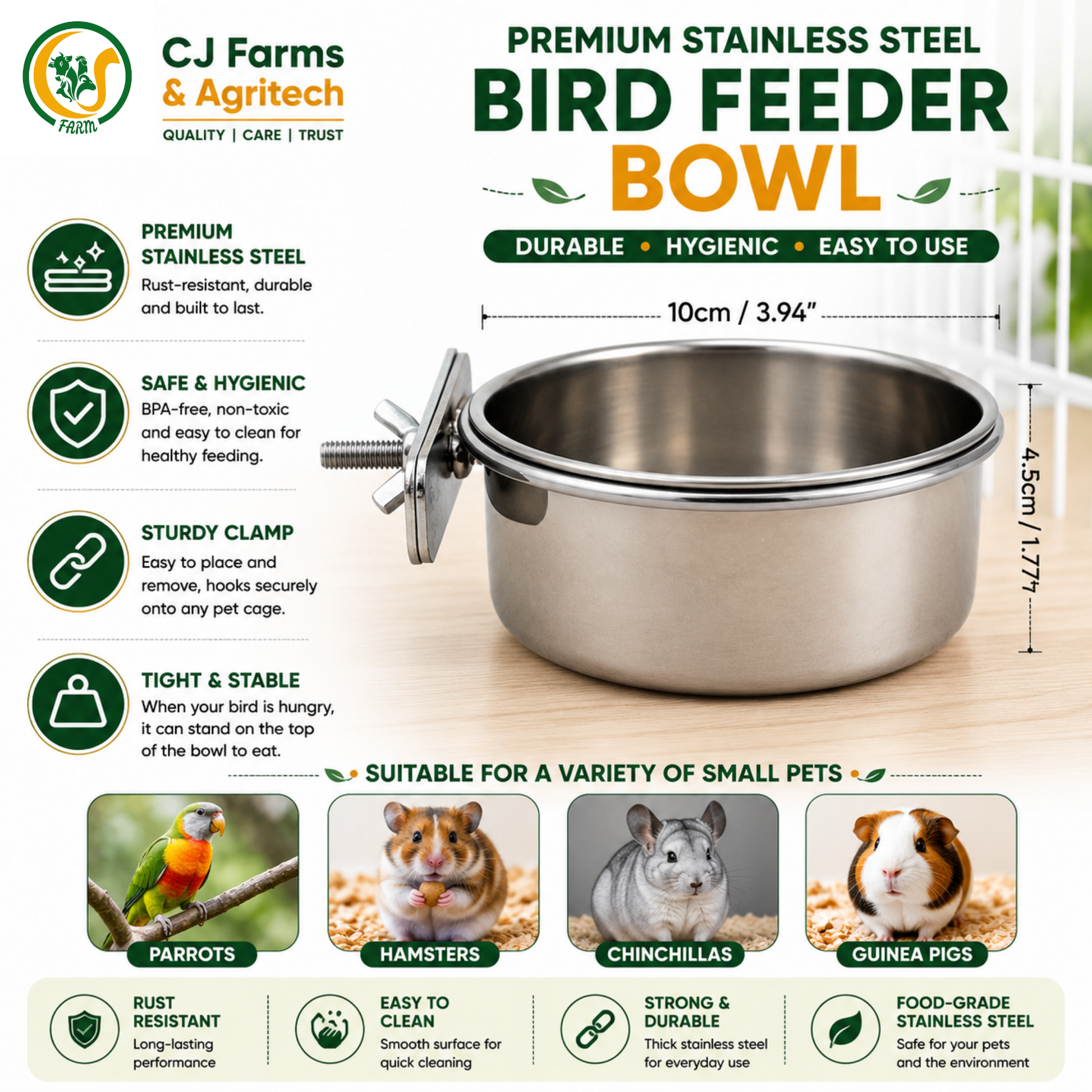 Stainless Steel Bird Feeder Bowl with Cage Clamp | 10cm Hanging Food & Water Bowl for Parrots, Hamsters, Chinchillas & Guinea Pigs CJ farms and Agritech