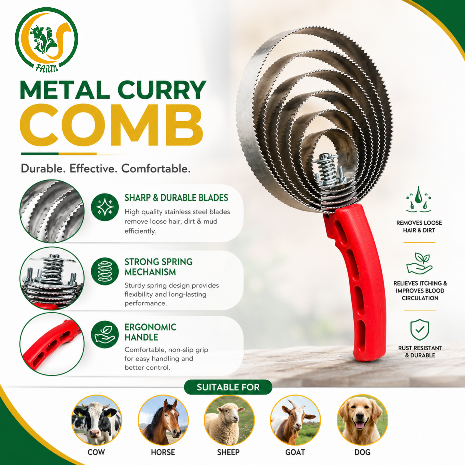6 Ring Curry Comb Brush for Cattle, Buffalo & Horse | Heavy Duty Stainless Steel Livestock Grooming Tool | Removes Loose Hair, Dirt & Mud CJ farms and Agritech