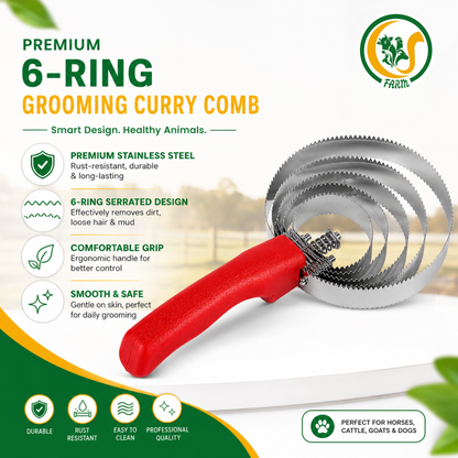 6 Ring Curry Comb Brush for Cattle, Buffalo & Horse | Heavy Duty Stainless Steel Livestock Grooming Tool | Removes Loose Hair, Dirt & Mud CJ farms and Agritech