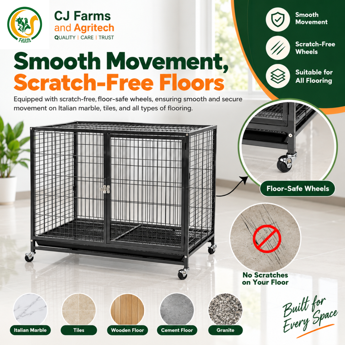 109.5cm Heavy-Duty Foldable Dog Cage | Powder-Coated Metal Crate with Dual Doors, Wheels & Removable Tray CJ farms and Agritech