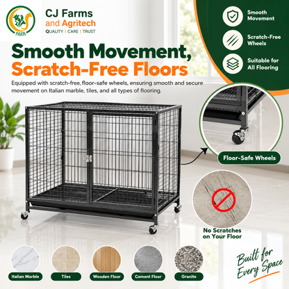 109.5cm Heavy-Duty Foldable Dog Cage | Powder-Coated Metal Crate with Dual Doors, Wheels & Removable Tray CJ farms and Agritech
