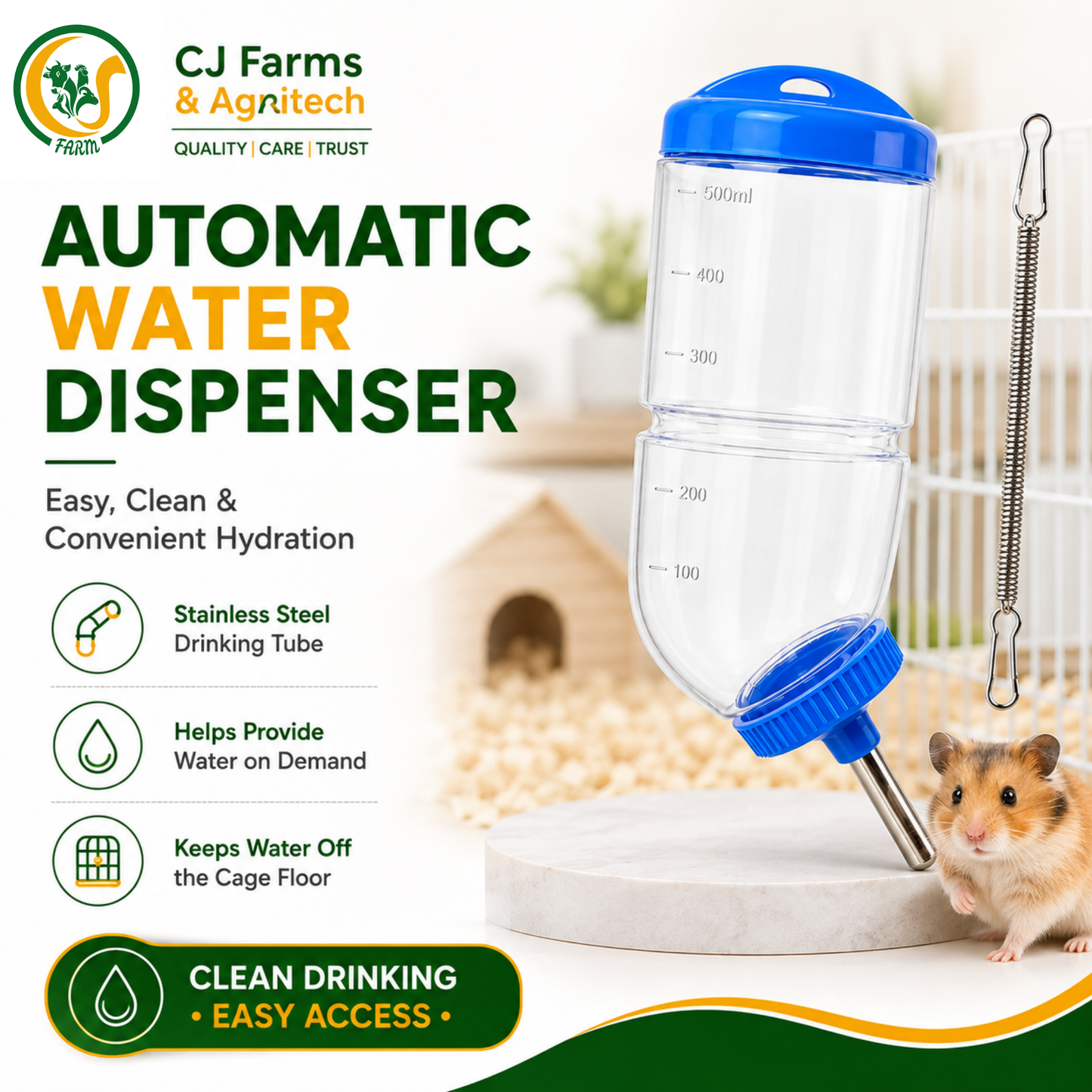 500ml Hamster Water Bottle | Hanging Automatic Water Dispenser with Stainless Steel Nozzle for Hamster, Rabbit, Guinea Pig & Small Animals CJ farms and Agritech