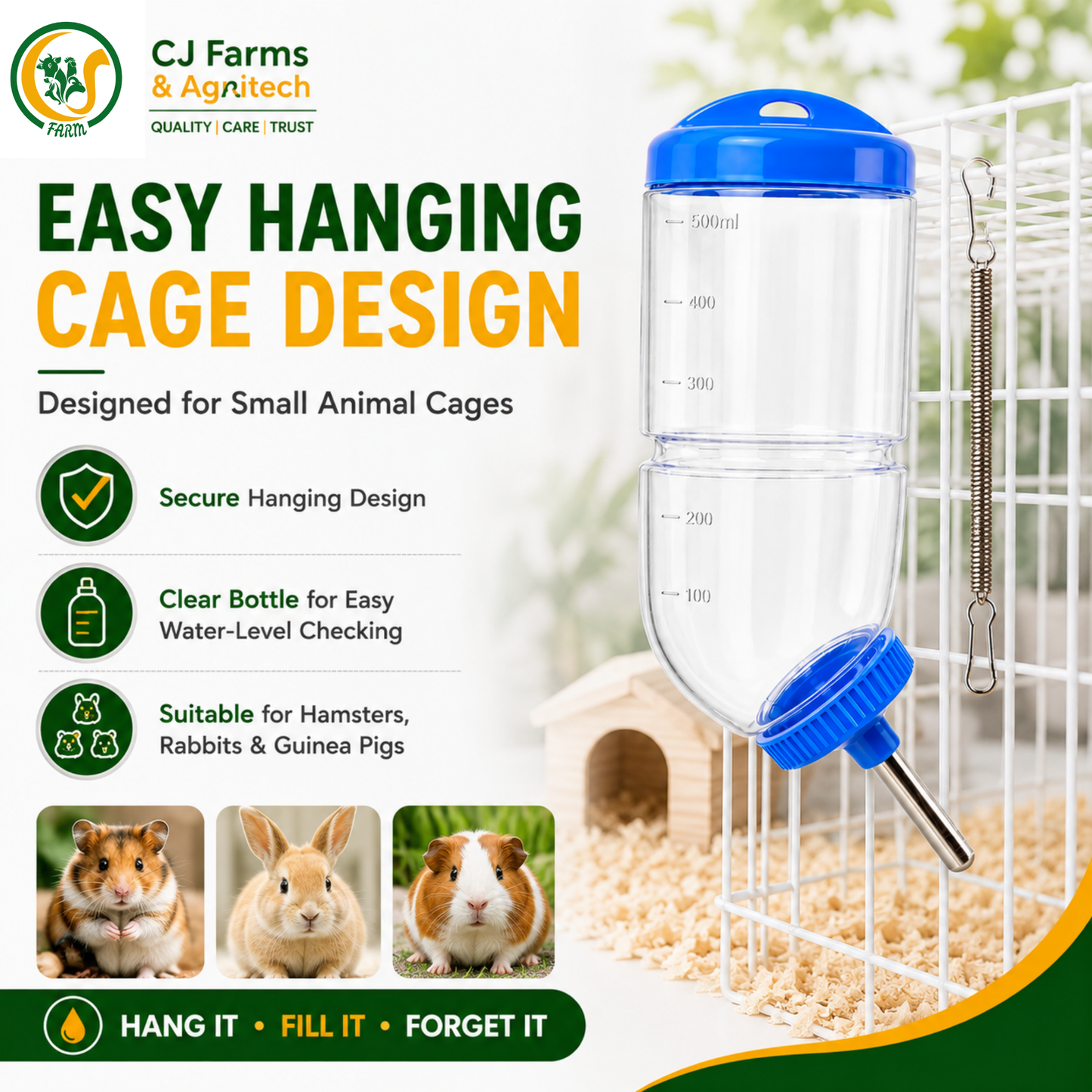 500ml Hamster Water Bottle | Hanging Automatic Water Dispenser with Stainless Steel Nozzle for Hamster, Rabbit, Guinea Pig & Small Animals CJ farms and Agritech