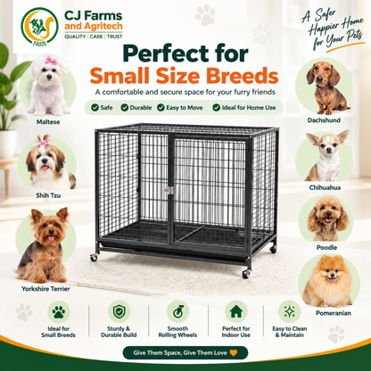 109.5cm Heavy-Duty Foldable Dog Cage | Powder-Coated Metal Crate with Dual Doors, Wheels & Removable Tray CJ farms and Agritech