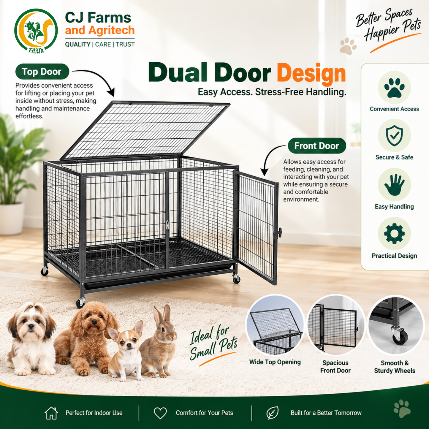 109.5cm Heavy-Duty Foldable Dog Cage | Powder-Coated Metal Crate with Dual Doors, Wheels & Removable Tray CJ farms and Agritech