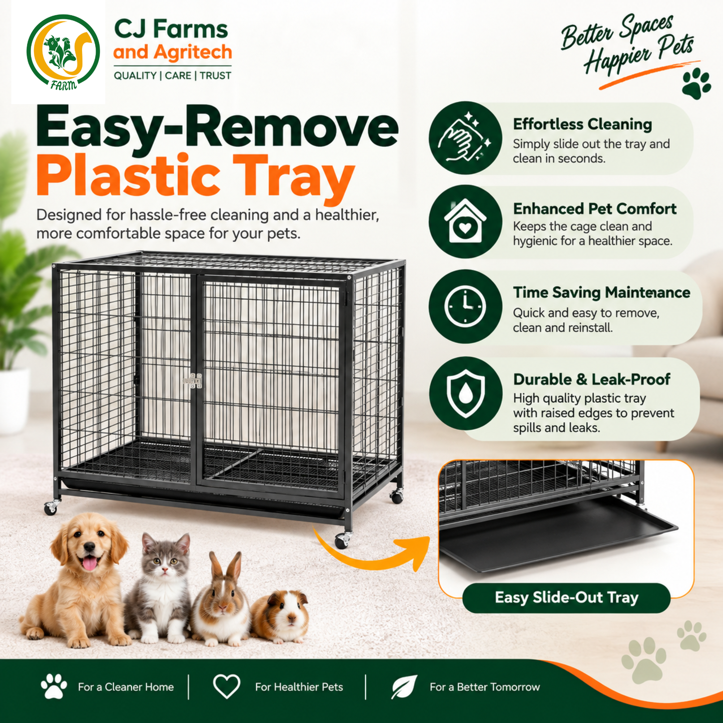 109.5cm Heavy-Duty Foldable Dog Cage | Powder-Coated Metal Crate with Dual Doors, Wheels & Removable Tray CJ farms and Agritech