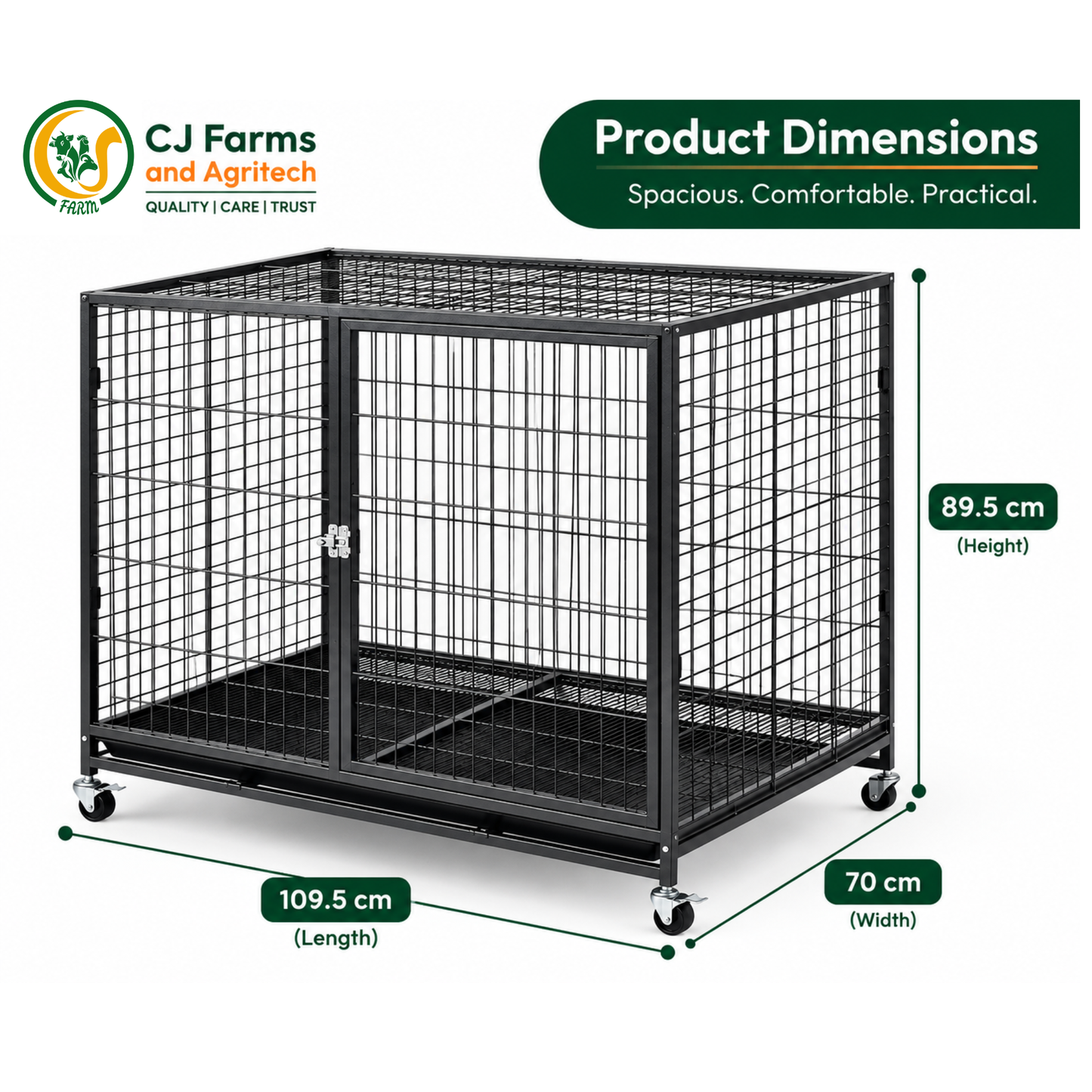 109.5cm Heavy-Duty Foldable Dog Cage | Powder-Coated Metal Crate with Dual Doors, Wheels & Removable Tray CJ farms and Agritech