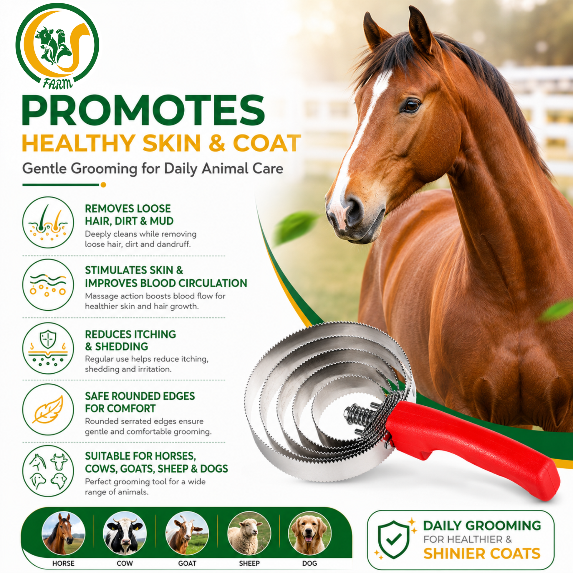 6 Ring Curry Comb Brush for Cattle, Buffalo & Horse | Heavy Duty Stainless Steel Livestock Grooming Tool | Removes Loose Hair, Dirt & Mud CJ farms and Agritech