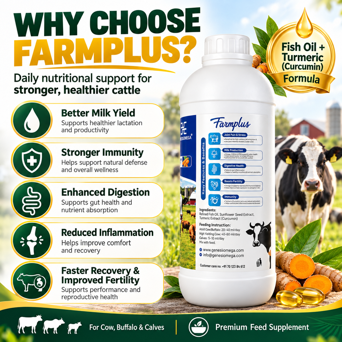 GENESISOMEGA Farmplus Cattle Feed Supplement 1L | Fish Oil & Turmeric Liquid Nutrition for Cow, Buffalo & Calves