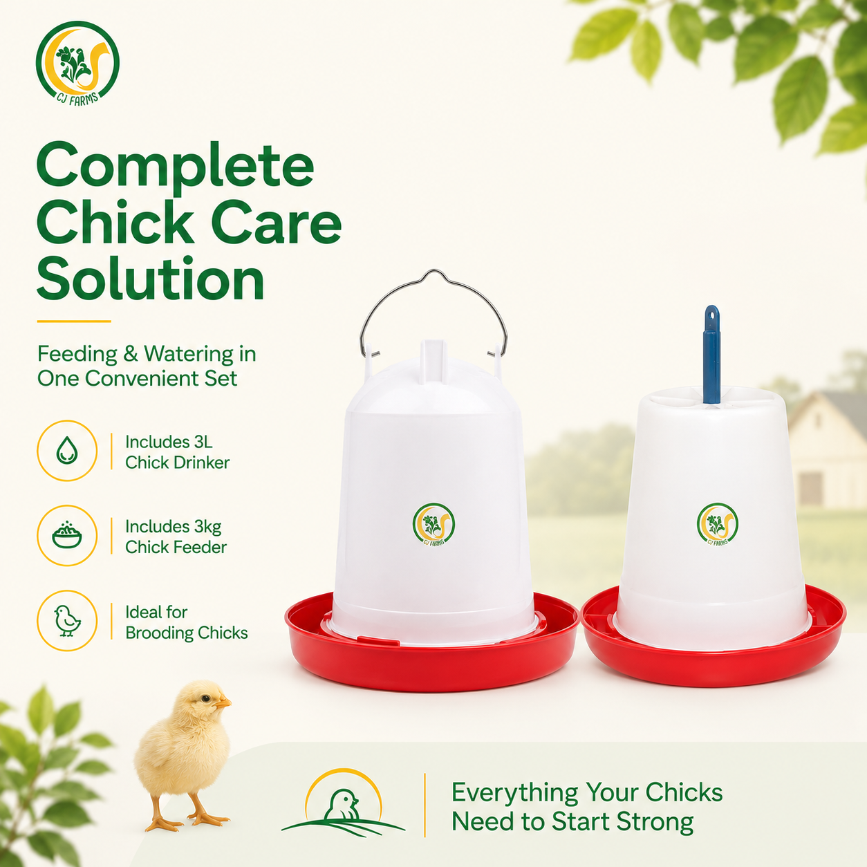 Poultry Feeder & Drinker Combo Set | 3kg Chick Feeder & 3L Water Drinker for Broilers, Layers, Chicks & Poultry Birds CJ farms and Agritech