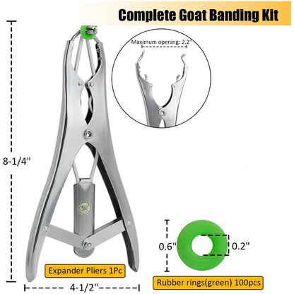 Castration Tool Kit with 100 Green Rubber Bands | Heavy-Duty Castrator Bander Plier for Goats, Lambs, Sheep & Puppies | Tail Docking & Farm Use