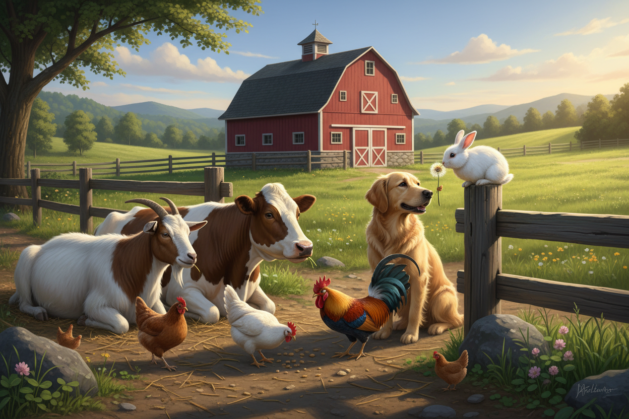 image of goat cow chicken rabbit dog in farm setting
