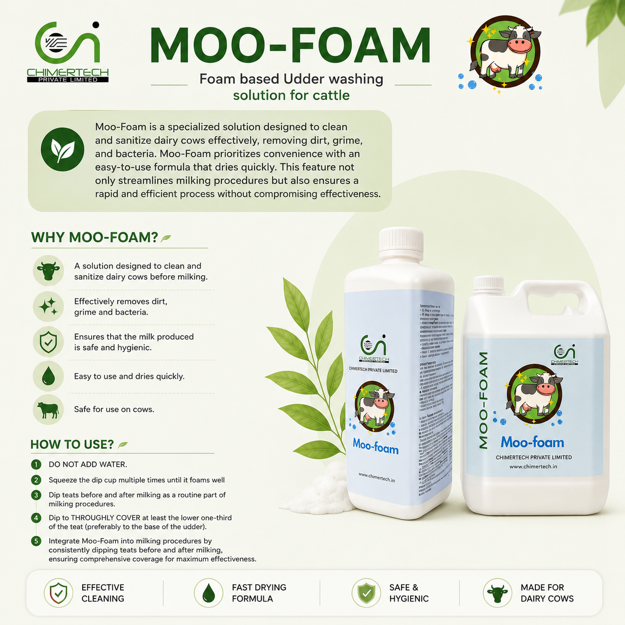 MooFoam Teat Wash Foam 1kg for Cattle, Goat & Sheep | Mastitis Prevention Pre & Post Milking Teat Sanitizer CHIMERTECH