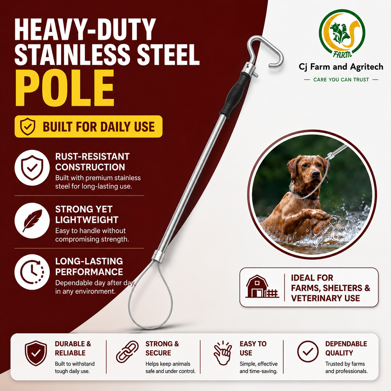 Stainless Steel Animal Control Pole | Dog Catcher Pole, Pig Holder & Livestock Catcher | Safe & Humane Animal Handling Tool cjfarms.in