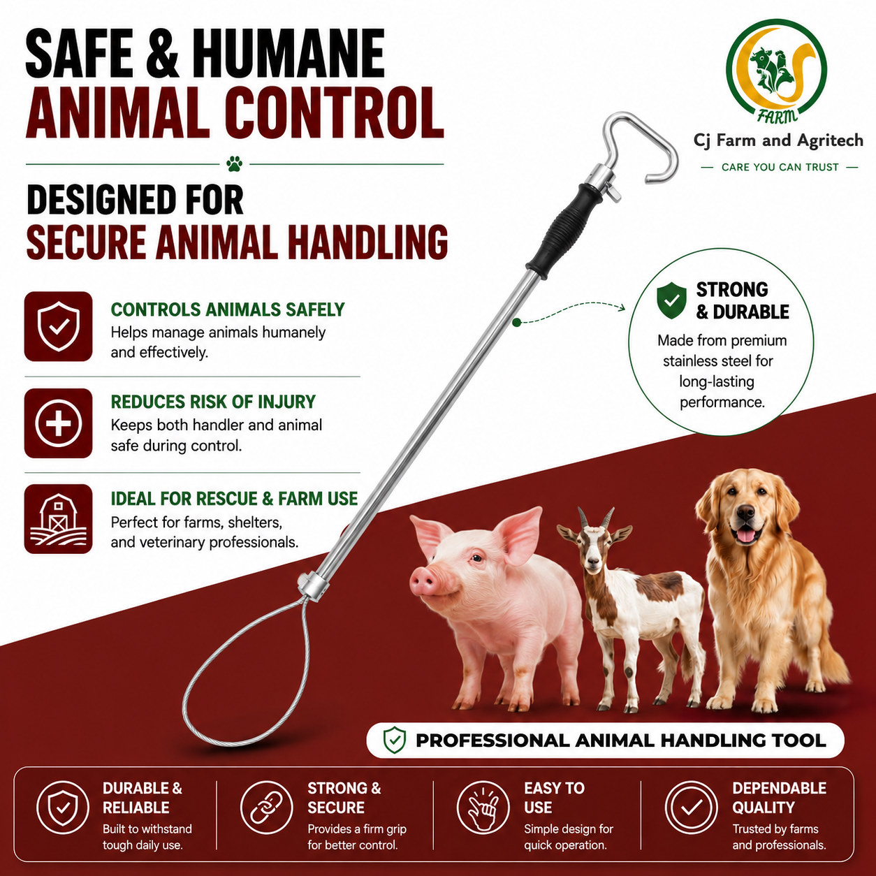 Stainless Steel Animal Control Pole | Dog Catcher Pole, Pig Holder & Livestock Catcher | Safe & Humane Animal Handling Tool cjfarms.in