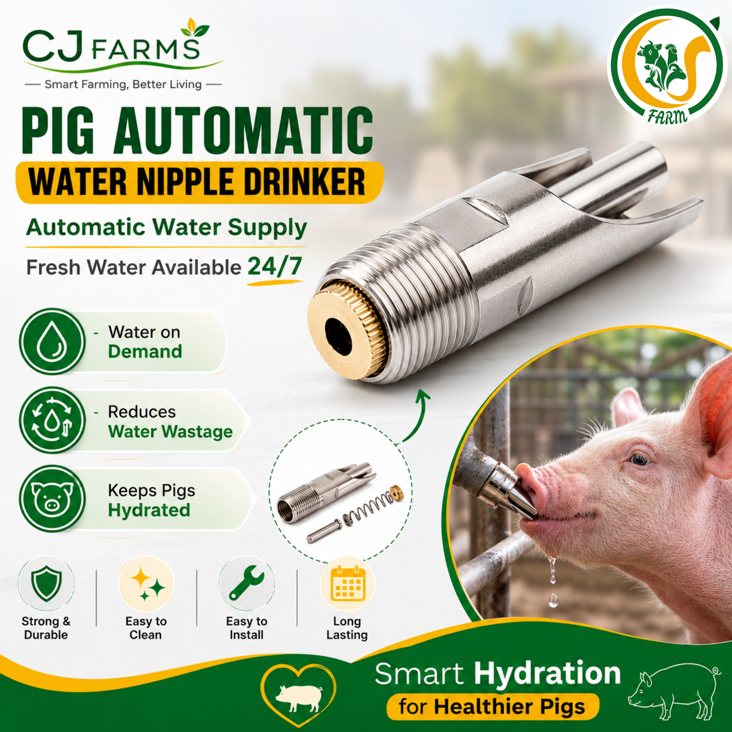 Stainless Steel 1/2 Inch Automatic Pig Nipple Drinker (Pack of 5) | SS 202 Grade Heavy-Duty Hog Water Nipple for Pigs & Piglets cjfarms.in