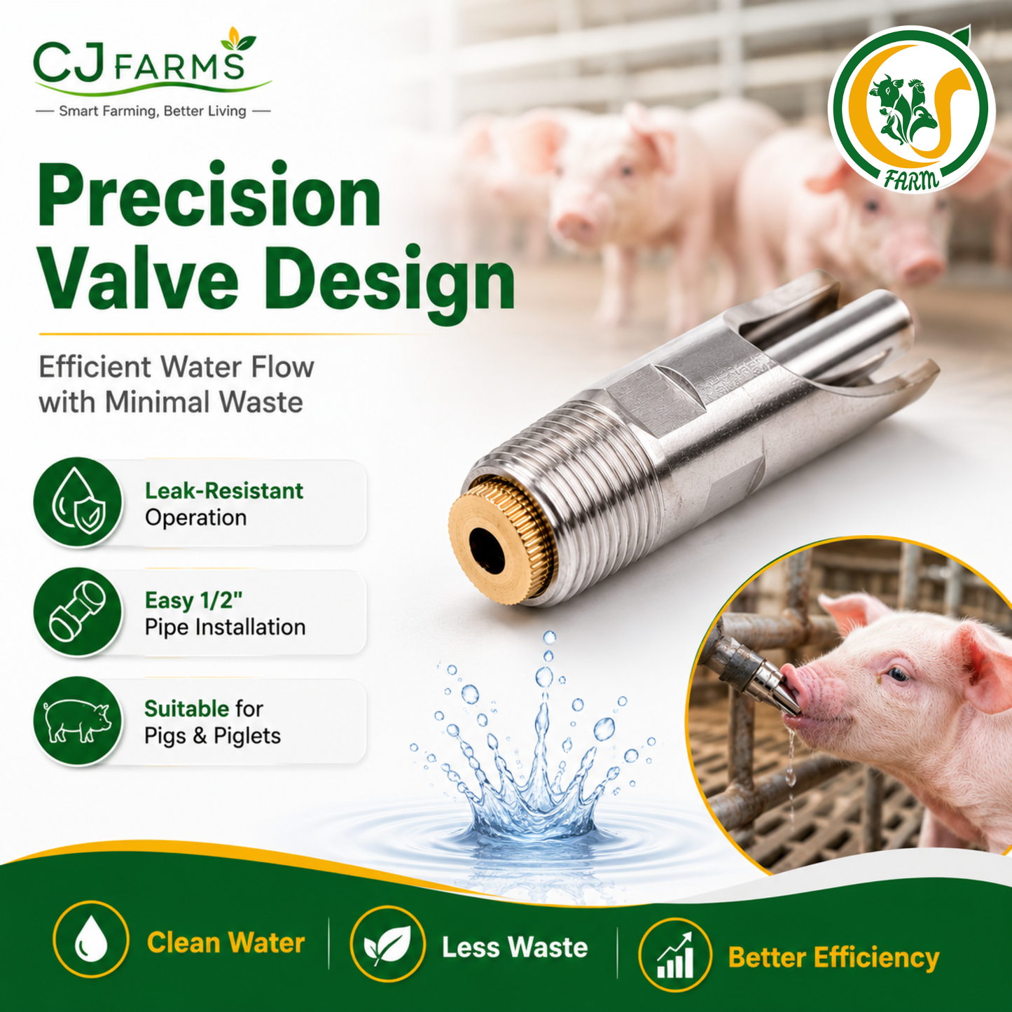 Stainless Steel 1/2 Inch Automatic Pig Nipple Drinker (Pack of 5) | SS 202 Grade Heavy-Duty Hog Water Nipple for Pigs & Piglets cjfarms.in